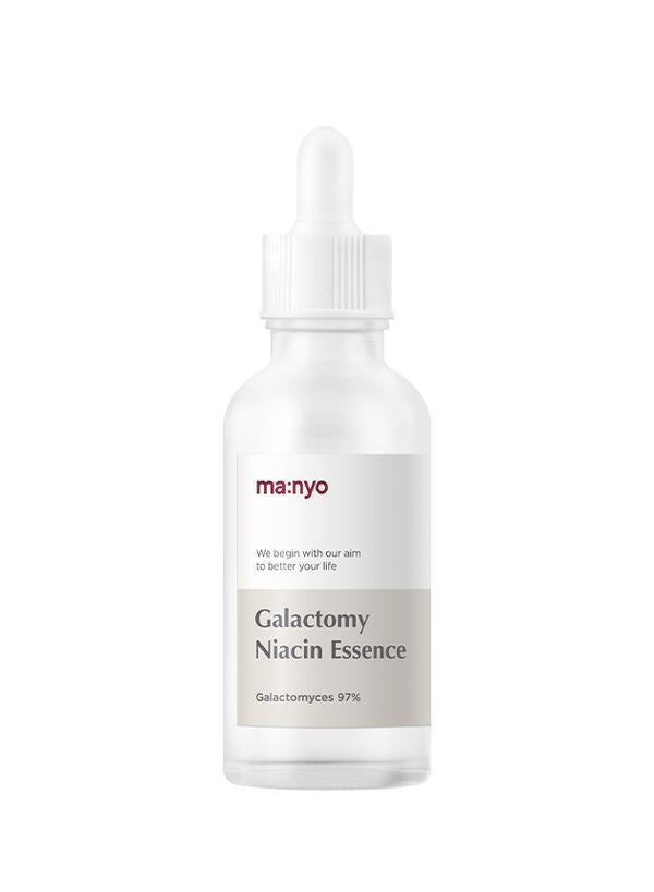 Manyo Galactomy Niacin Essence, product packaging and full-size bottle