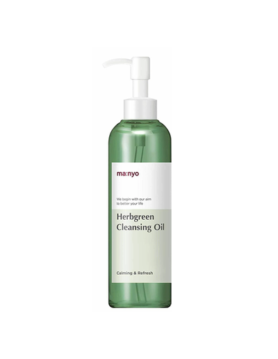 Manyo Herb Green Cleansing Oil, product packaging and full-size bottle