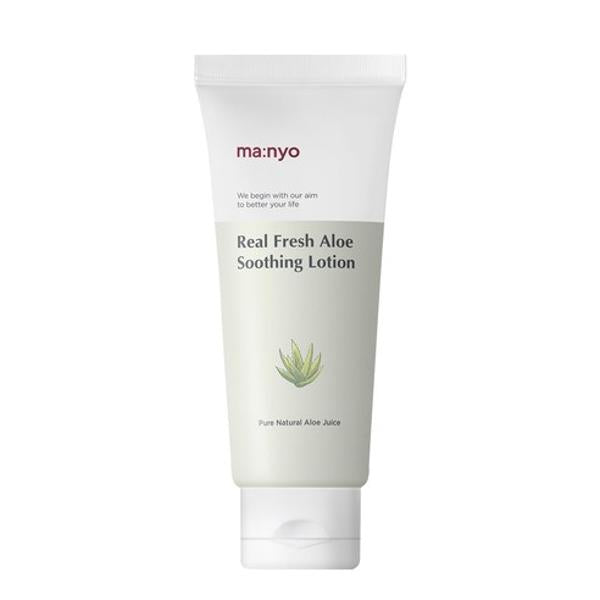 Manyo Real Fresh Aloe Soothing Lotion, product packaging and full-size bottle