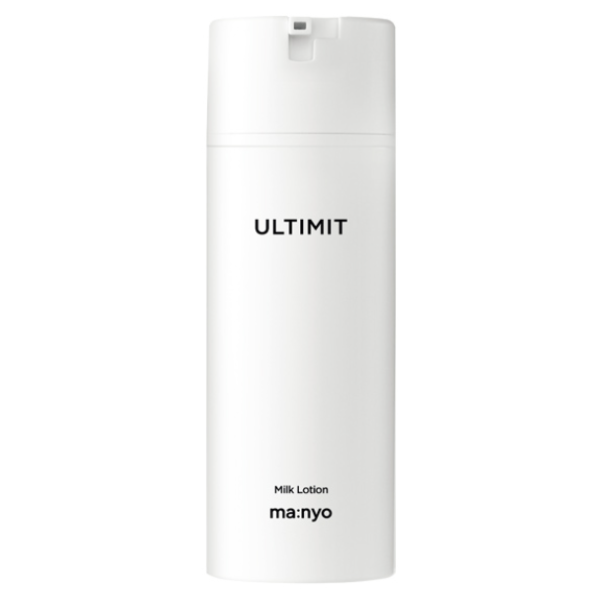 Manyo Ultimit All-In-One Milk Lotion, product packaging and full-size bottle