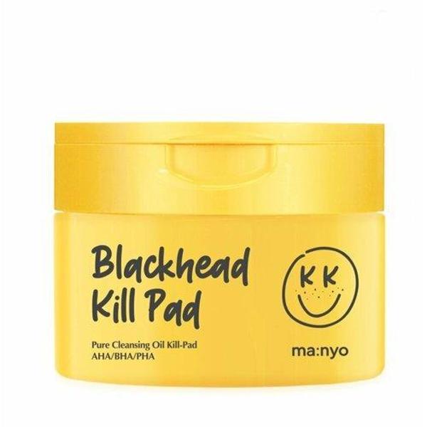Manyo Blackhead Pure Cleansing Oil Kill Pad, product packaging and full-size bottle