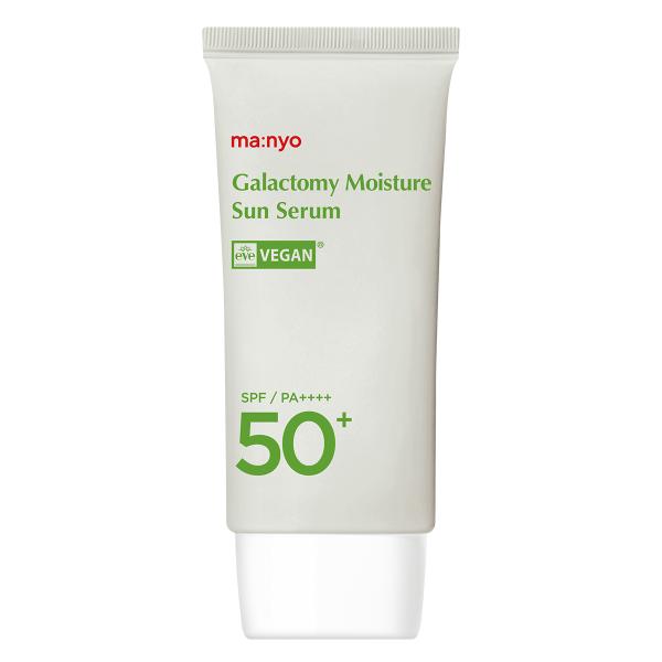 Manyo Galactomy Moisture Sun Serum SPF50+ PA++++, product packaging and full-size bottle