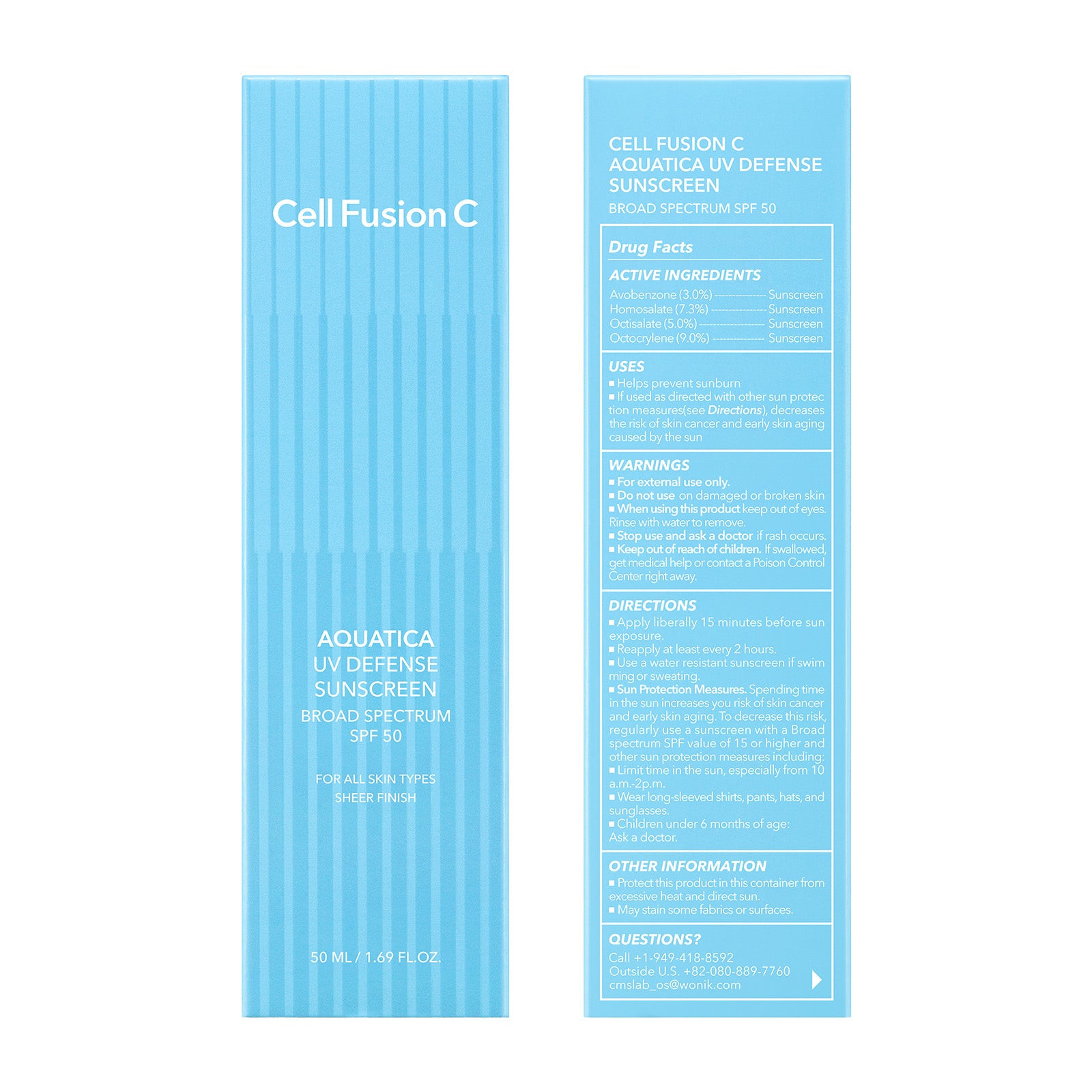 Cell Fusion C Aquatica UV Defense Sunscreen OTC 50ml, packaging and formula information