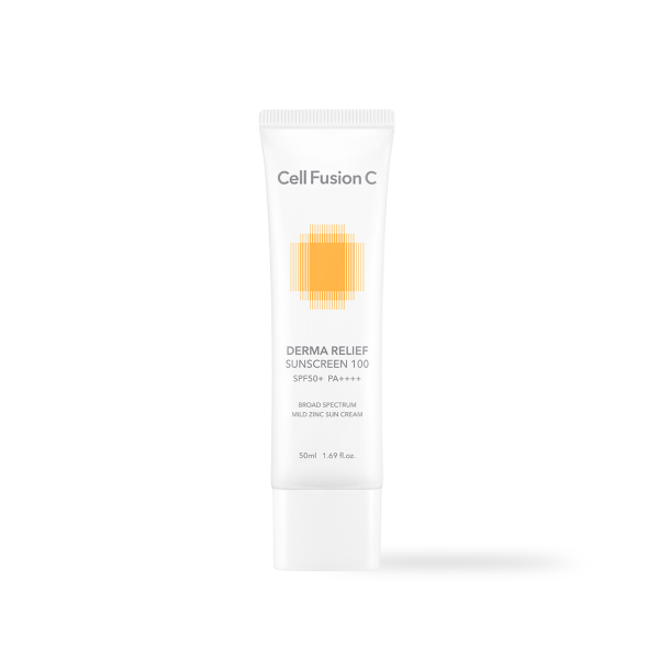 Cell Fusion C Derma Relief Sunscreen 100 SPF50+/PA++++ 50ml, product packaging and full size