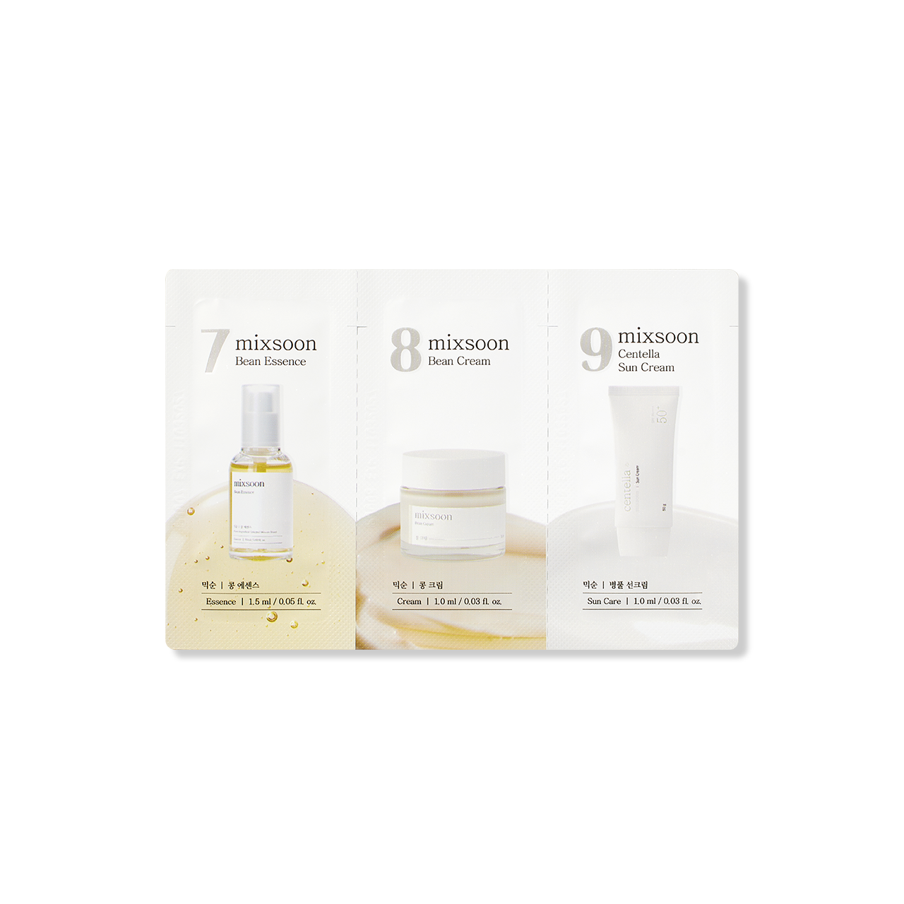 mixsoon (Step 7,8,9) Bean Essence, Bean Cream, Centella Sun Cream [1.5ml, 1ml*2ea] skincare set texture and finish