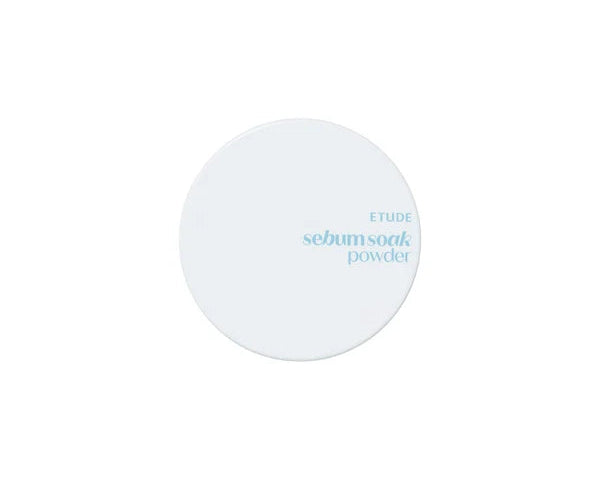 A round white compact Etude Sebum Soak Powder, featuring the product name in light blue text, centered on a solid white background.