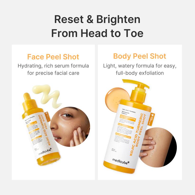 Medicube Kojic Acid Turmeric Peel Shot packaging and usage steps